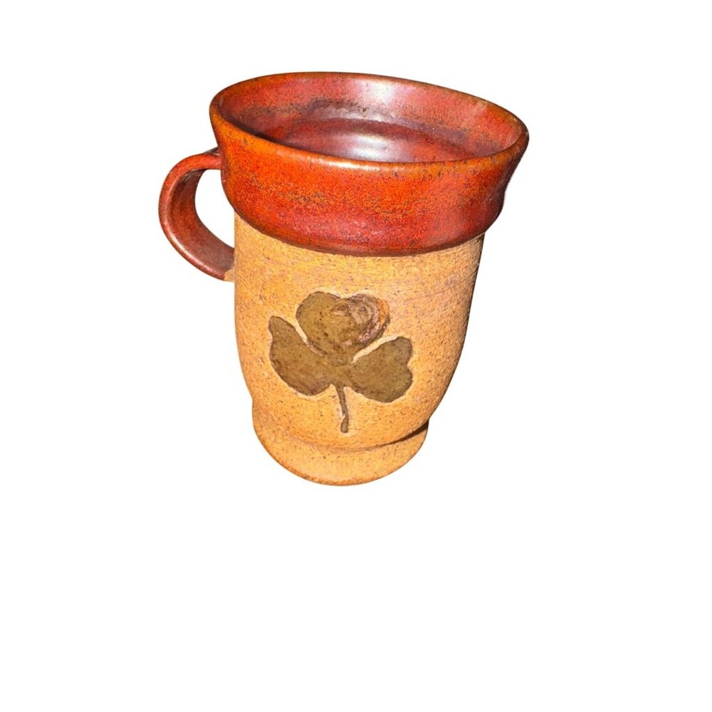 Handcrafted Ceramic Mug With Clover Design - Rustic Red & Brown Tones - 12 Oz Ca